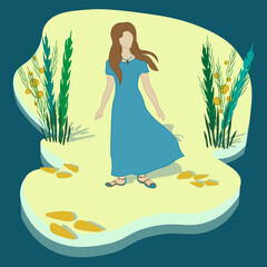 Girl on the island in a blue long dress