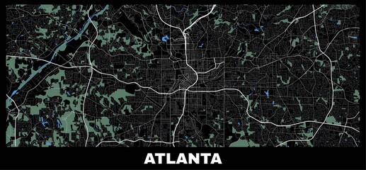 Atlanta map. Horizontal map of Atlanta city poster streets, water, woods.