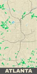 Atlanta map. Vertical map of Atlanta city poster streets, water, woods.