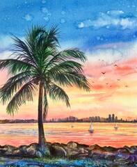 Watercolor Miami beach Florida. USA.  Sunset on the beach. Boats and yachts. Design element.