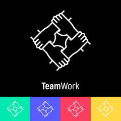 Four hands hold together for the wrist other. Symbol of team work, support, charity organization and donation community. Thin line vector illustration.