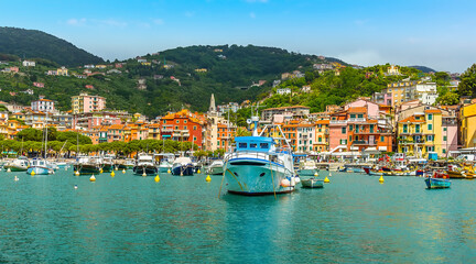 Fototapeta na wymiar Boats moored in the bay in front of the town at Lerici, Italy in the summertime
