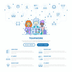 Teamwork web page template with thin line icons: relay race, brainstorm, success, meeting, idea share, collaboration, joint project, unity, support, delegation, bonus. Modern vector illustration.