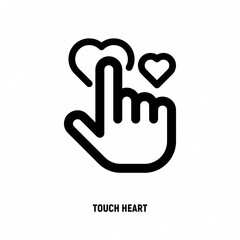 Human hand is pushing on heart, love symbol for wedding, valentine's day. Hand gesture. Thin line vector illustration.