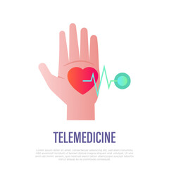 Telemedicine: heartbeat on palm. Online consultation. Gradient icon. Non-contact diagnostics. Vector illustration.