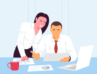 Vector flat illustration of workflow in the office, a group of businessmen working at a computer, and another part of marketers discuss marketing solutions and business plans.