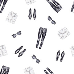 Set of watercolor garments isolated on white background. Handwork fashion draw. Seamless pattern for design