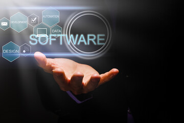 Fototapeta premium hand drawing blank flow chart on new modern computer as concept