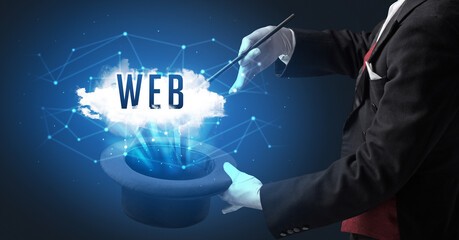 Magician is showing magic trick with WEB abbreviation, modern tech concept