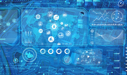 Industry 4.0 concept. icon concept for connecting and exchanging information with aerial view of Oil Refinery industrial background