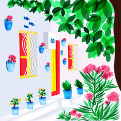 Mediterranean summer house facade and landscape vector  art illustration 