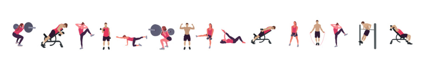 Obraz premium Man and woman gym set. Workout flat illustration collection - Vector