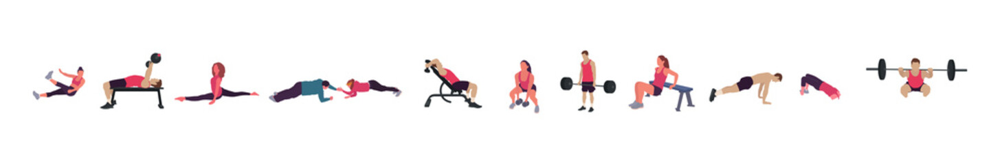 Man and woman gym set. Workout flat illustration collection - Vector
