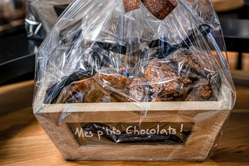 Chocolate gift box. Beautiful ribbon for decoration design. Top view. Surprise present. 