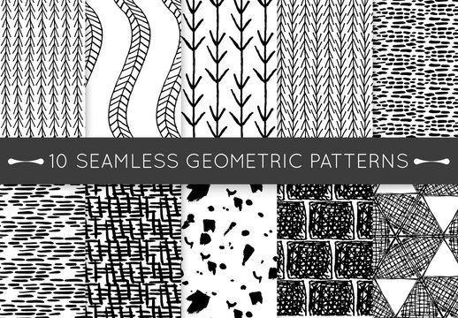 Black and White Hand Drawn Simple Geometric Seamless Pattern Collection