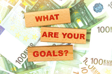 Against the background of euro bills, the text is written on wooden blocks - WHAT ARE YOUR GOALS