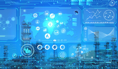 Industry 4.0 concept. icon concept for connecting and exchanging information with aerial view of Oil Refinery industrial background