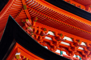 Closeup view Japanese Pagoda timber beam support structure