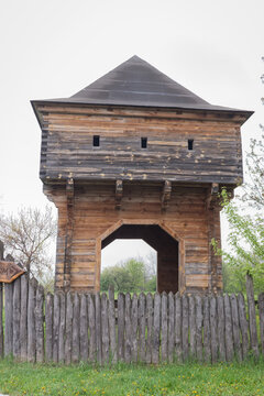 Wooden watchtower behind a fence in the residence of Bohdan Khmelnitsky in the town of Subbotov, Ukraine