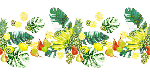 Seamless border from ripe bananas, kiwi, slices of fruits and tropical banana and monstera leaves. Design for duct tape, adhesive tape, restaurant and cafe menu, wallpaper border