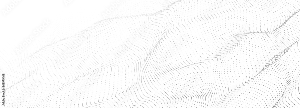 Poster Low poly shape with black dots on light background.Abstract polygonal white space background . Dynamic particles wave.Big data visualization 3D. Digital landscape.