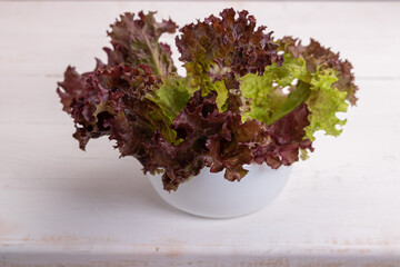 red leaf salad in a bowl on a white wooden table