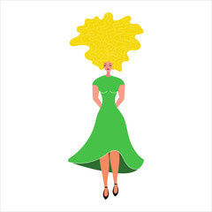 Vector illustration of a beautiful young, woman in a long green evening dress in shoes with blond long curly hair. Blonde. Hairstyle. Beautiful female face with closed eyes and eyelashes and lips