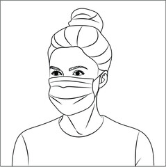 Young european girl in a mask in a black line. Precautions for covid-19 virus. Girl doctor in a medical mask and with collected hair. Isolated on a white background. For blog and site