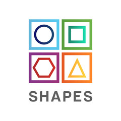 Abstract logo of geometric shapes: square, rhombus, polygon, hexagon, triangle, circle. Logo template, sign, symbol, icon, pictogram of colorful shapes from contour lines. Logo kids industry. Vector.