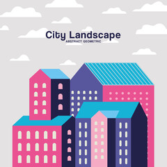 Obraz na płótnie Canvas Purple blue and pink city buildings landscape with clouds design, Abstract geometric architecture and urban theme illustration