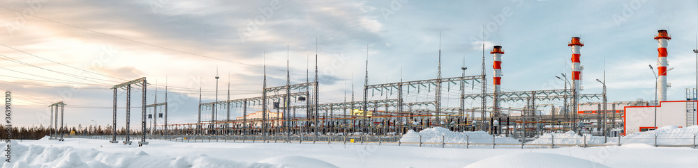 Wall mural electricity control station, power plant, energy concept, winter