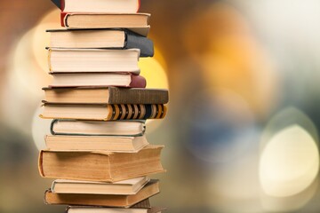 Collection stack of old retro books on background
