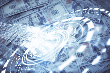 Fototapeta premium Double exposure of data theme drawing over us dollars bill background. Technology concept.