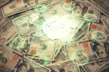 Multi exposure of social network drawing over us dollars bill background. Concept of people connection.