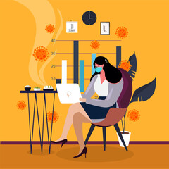 Company Allows Employees to Work from Home for Protection Coronavirus. Woman Work with Wear Mask for Protection against Viral Pandemic COVID19 With Cozy Home Situation. Design concept Illustration
