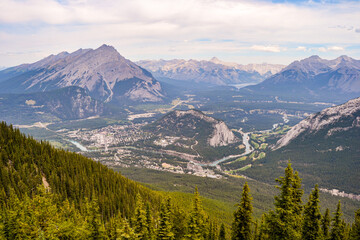 Aerial Photo of the resort town of Banff in the Canadian Rockies, Alberta Canada