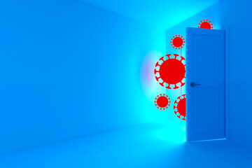 Minimalist scene of a room with an open door. Coronaviruses enter through an open door. Dark style photography. Mock-up. 3d illustration.
