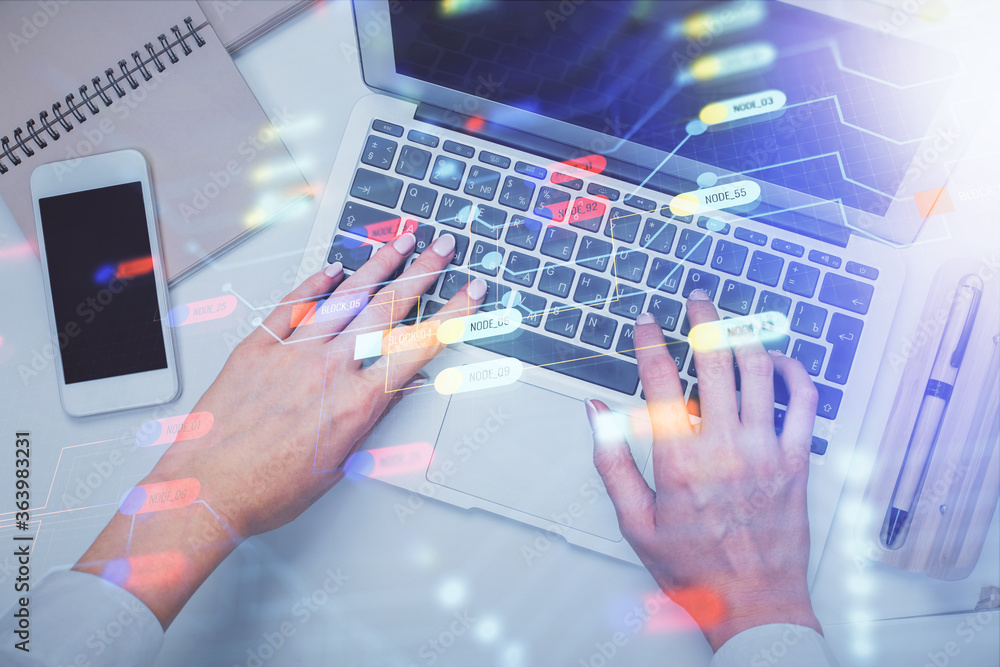 Aufkleber Double exposure of woman hands working on computer and data theme hologram drawing. Top View. Technology concept.
