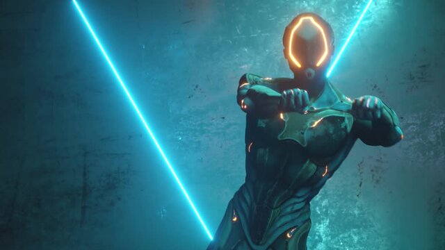 Dancing alien robot on a metal background with bright neon lights. The concept of joy and victory. Seamless loop 3d render