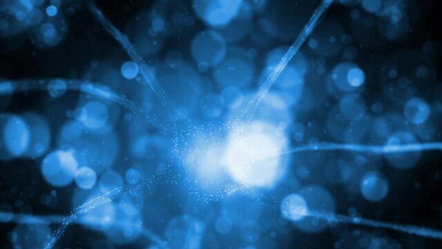 Abstract blurry neuron cell on blue shiny circle bokeh background.