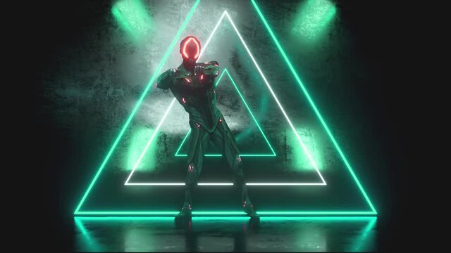Dancing alien robot on a metal background with bright neon lights. The concept of joy and victory. Seamless loop 3d render