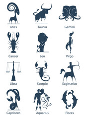 Dark blue set of zodiac signs silhouettes Aries, Leo, Sagittarius, Taurus, Virgo, Capricorn, Gemini, Libra, Aquarius, Cancer, Scorpio Pisces Astrology horoscope Vector icons