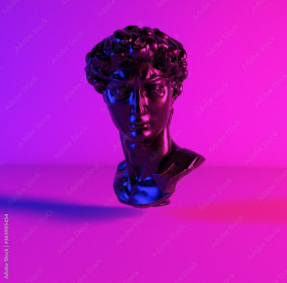 Poster 3d rendering of michelangelo's david head in neon lightning. classical sculpture in vaporwave retrof