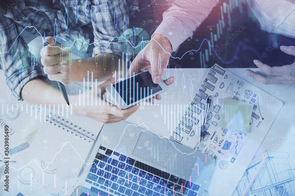 Poster double exposure of forex graph drawing and man and woman working together holding and using a mobile