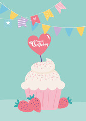 happy birthday, cupcake strawberry fruits heart and pennants decoration celebration party