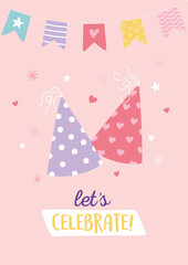 happy birthday, hats and pennants confetti festive decoration celebration party