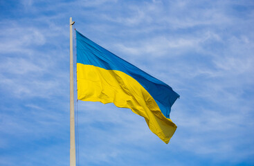 National flag of independent Ukraine waving in the wind