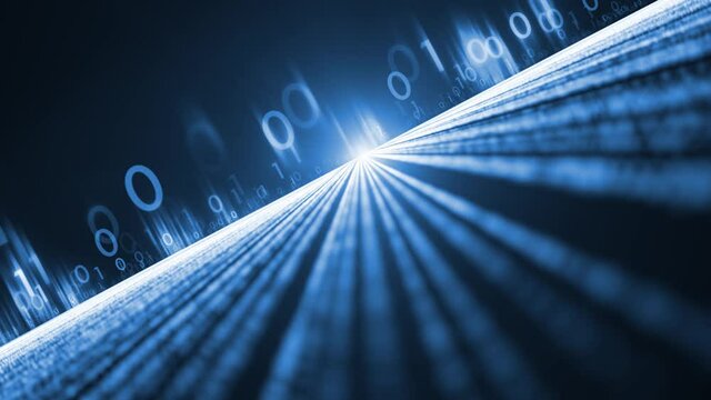 Abstract digital network with matrix glowing binary numbers animation background.