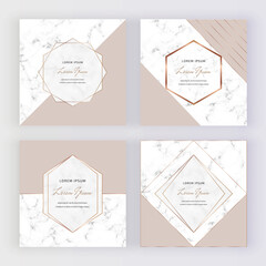 Geometric social media banners with nude triangles shapes and gold lines on the marble texture. Template for card, flyer, invitation