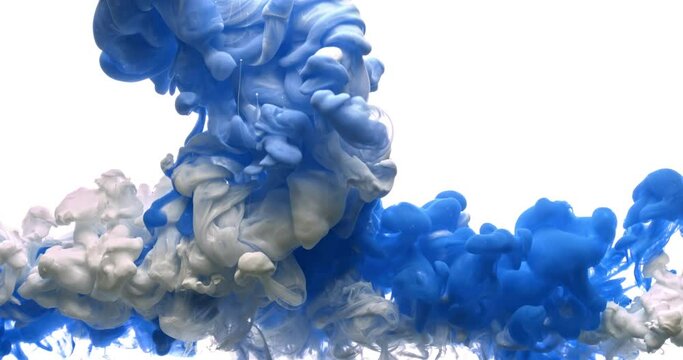 Blue And White Acrylic Paint Mixing In The Water Slowly. Abstract Background. Beautiful Abstract 4K Background Footage.
